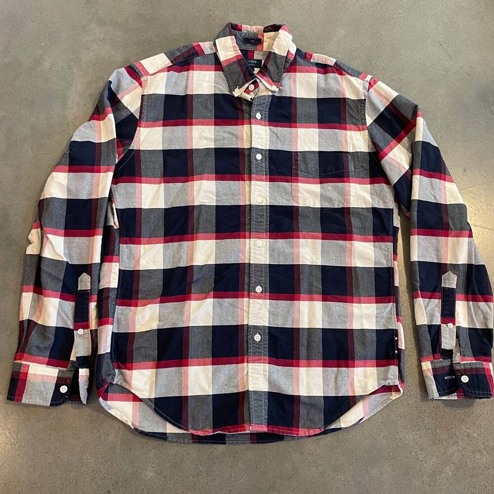 JCrew Oxford red navy blue plaid button down causal men shirt size large slim